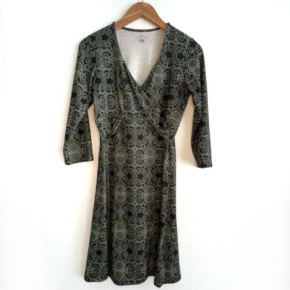 Prana 3/4 sleeve faux wrap dress green swirl pattern size Small